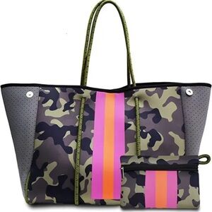 Camouflage Tote Bag with Pink and Orange Stripes